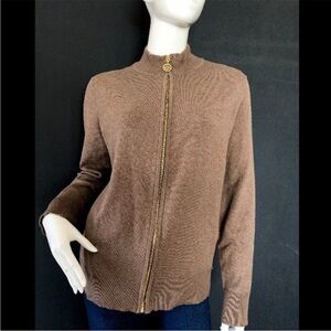 Anne Klein Zipper Front Brown Tan Sweater Cardigan XL